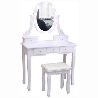 GustoWave Vanity Desk, Vanity Mirror with Lights and Table Set with 5 Drawers, Wood Makeup Dressing Table with Oval Mirror & Stool for Bedroom