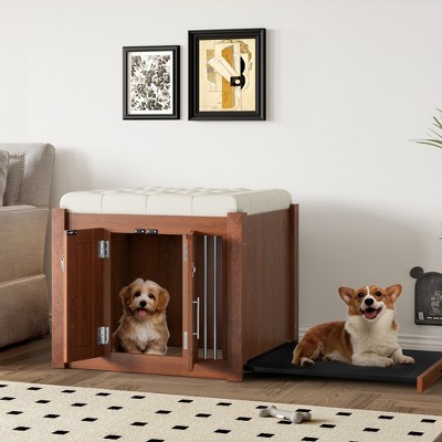 2 in 1 Dog Crate Wooden Dog Kennel Pet Crate House with Padded Seat, Ottoman with Removable Cushion, Walnut - ModernLuxe