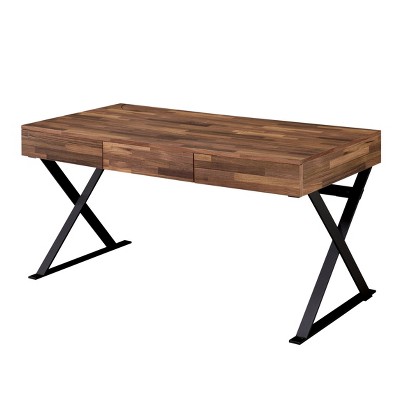 Marganza Computer Desk Beige/Black - HOMES: Inside + Out: Industrial Style, 59" Width, Steel Frame, 3 Drawers, USB Ports