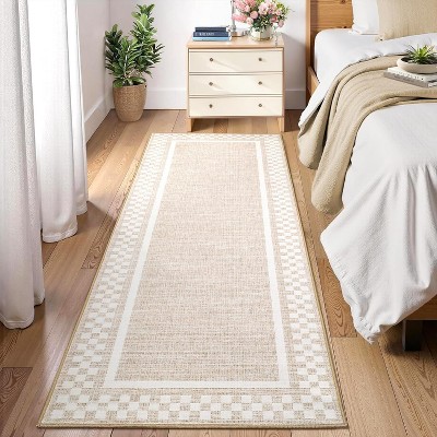 coucheta 2x6ft Runner Rug for Kitchen, Non Slip Washable Modern Bordered Soft Non Shedding Checkered Runners Carpet, for Living Room, Hallway, Beige