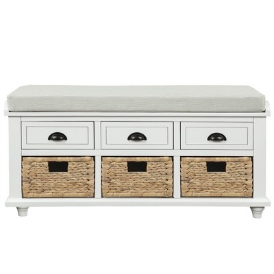 XINGHANZHENXUAN Rustic Storage Bench with 3 Drawers & Rattan Baskets, Wood Entryway Bench with Removable Cushion