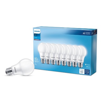 Philips LED 60W Frosted Daylight A19 8P Non-Dim T20: Light Bulbs 8 Pack, 800 Lumens, E26 Base, 5000K, 10-Year Life