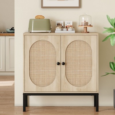 Sideboard Buffet, Rattan Storage Cabinet, 31.5“W Wood Accent Cabinet With Door and Shelf, Console With Storage for Hallway, Entryway, Living Room