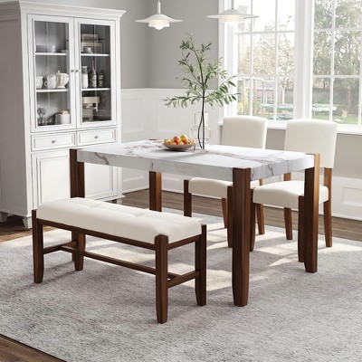 4-Piece/5 Piece Modern Dining Table Set Dining Set Space-Saving Dinette with Faux Marble Table, 2 Upholstered Chairs and Bench, White+Brown-ModernLuxe