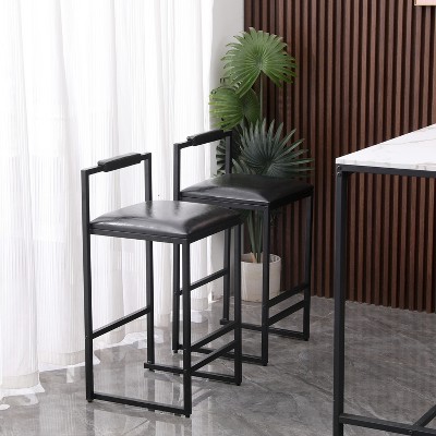 Set of 2 Counter Height Barstools with Back, Modern Armless Metal Legs & Gray PU Upholstery for Kitchen Island or Dining, Grey
