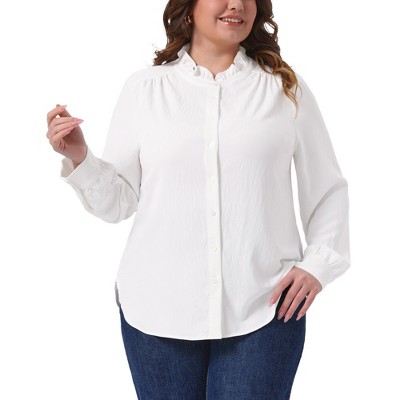 Women's Ruffle Stand Collar Long Sleeve Curved Hem Business Work Office Button Down Shirt - Agnes Orinda