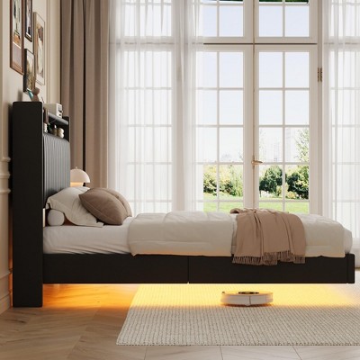 Full/Queen Floating Bed Frame with LED Lights & Charging Station, Upholstered PU Leather Platform Bed Frame, No Box Spring Needed