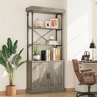 73 Inch High Industrial Floor Standing Bookcase with Doors 5 Tier Shelves and Drawer Rectangular Engineered Brown