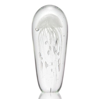 SPI Home Art Glass White Jellyfish Figurine – 12" Glow-in-the-Dark Ocean Decor, Handcrafted Glass Sculpture