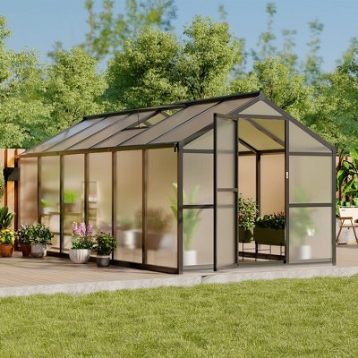 Greenhouse for Outdoors, Polycarbonate Greenhouse with Roof Vent,  Push-Pull Lockable Door