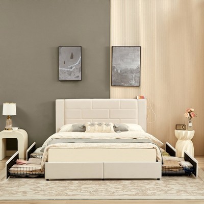 VECELO Upholstered Bed Metal Frame Platform Bed with USB Charging