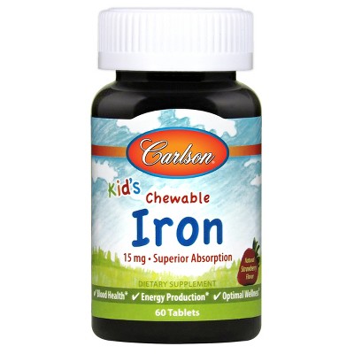 Carlson - Kid's Chewable Iron, 15 mg, Superior Absorption, Blood Health, Energy Production, Strawberry Flavor