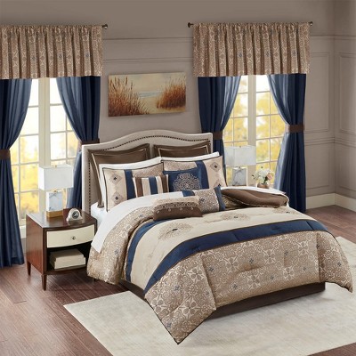 24 Piece Room In A Bag Bedding Set, All Season Luxury Jacquard Pattern Premium Faux Silk Bedding, Comforter, Sheets, Decorative Pillows, Window Valances, Elegant Design Bedding Comforter Set, Royal Style RIAB Bed Set