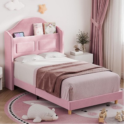 Pink Velvet Twin Bed Frame with Bookcase Headboard, Glow Feature, Storage, No Box Spring, Easy Assembly