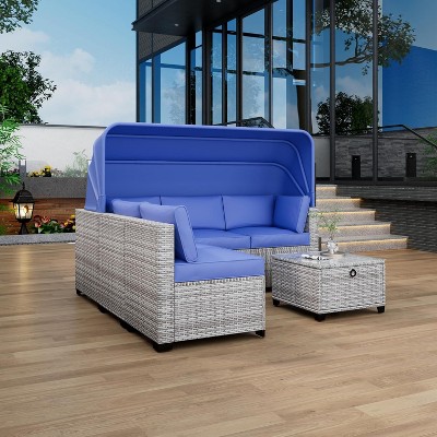 6-Piece Rattan Patio Furniture Set, Adjustable Canopy and Backrest Sectional Sofa for Outdoor Relaxation