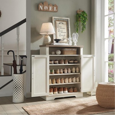 RISOKEYS Farmhouse Shoe Rack Organizer Cabinet with 6-Tier Shoe & Adjustable Shelf & 2-Tier Open Storage, Freestanding Shoe Cabinet Storage