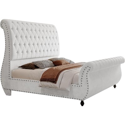 AMERLIFE Bed Frame, Velvet Upholstered Platform Sleigh Bed with Scroll Headboard & Footboard, Button Tufted, No Box Spring Needed
