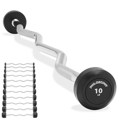 Philosophy Gym Rubber Fixed Barbell, Pre-Loaded Weight EZ Curl Bar for Strength Training & Weightlifting