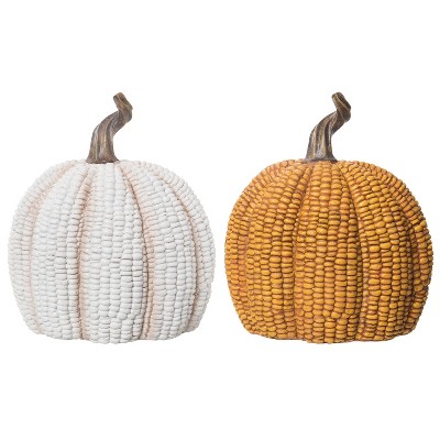 Transpac Set of 2 Resin Corn Pumpkin Decorative Figurines for Fall Harvest Indoor Home Decor Autumn Thanksgiving Gifts