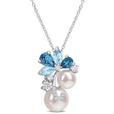 EVERLY JEWELRY  |   Sterling Silver 2 3/4 CT TGW London Blue Topaz Sky Blue Topaz Created White Sapphire & Freshwater Cultured Button Pearl Pendant