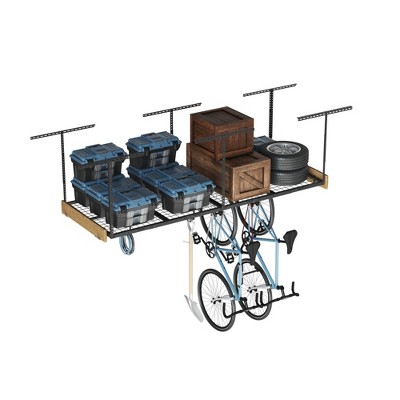 FLEXIMOUNTS OHK38B-E 3'x8' Overhead Garage Storage Ceiling Storage Rack with 8 Accessory Hooks Black: Steel Utility Shelves, 600 lb Capacity