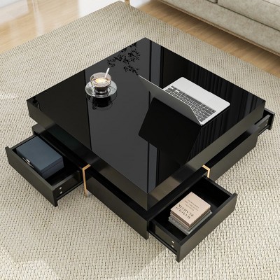 CAVINAS Coffee Tables for Living Room 2-tier Square Coffee Table Modern High Gloss Minimalist Design Center Table with Lights for Apartment