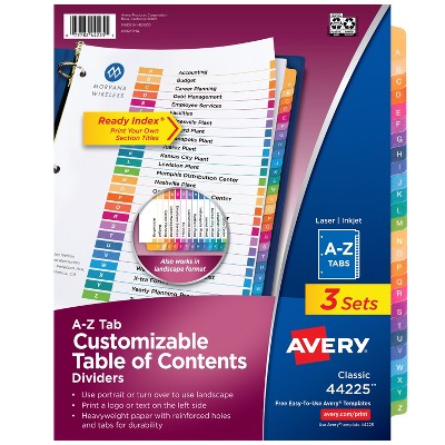 Avery A-Z Dividers for 3 Ring Binders, 26 Tabs per Set, Customizable Table of Contents, Multicolor Tabs (3 Sets of 44225)