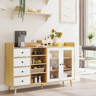 Farmhouse Coffee Bar Cabinet with Storage, 55" Kitchen Buffet Cabinet Sideboard with Glass Doors Open Shelves, Wood Sideboard Cabinets Storage