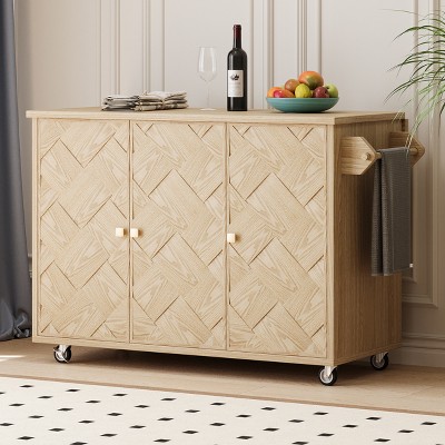 51.2"W Ash Veneer Solid Wood Handwoven Kitchen Island with Drop Leaf, Rolling Kitchen Cart on Wheels with Internal Storage Rack - ModernLuxe