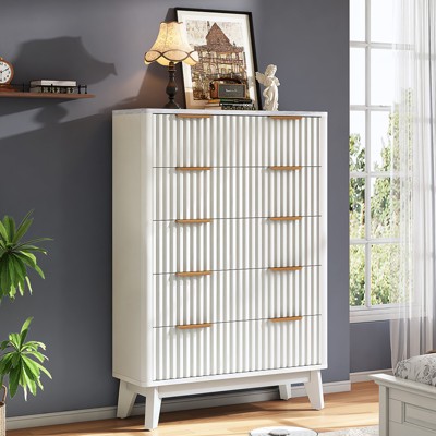 AMERLIFE Fluted 5-Drawer Dresser with Faux Marble Top, Wide Chest of Drawers for Bedroom, Living Room, Hallway, Entryway