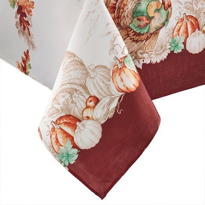 Elrene Holiday Turkey Bordered Fall Tablecloth - White/Red - Elrene Home Fashions