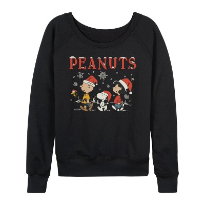 Women's - Peanuts - Snowflakes Lightweight French Terry Wide Neck Long Sleeve Graphic Shirt