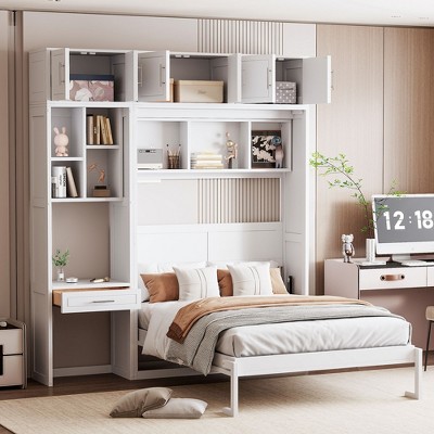 Full/Queen Size Wall Murphy Bed Space Saving Foldable Bed with Desk, Top Cabinet and Storage Shelves, White/Gray-ModernLuxe