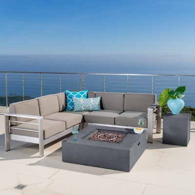 Cape Coral 5pc V-Shaped Sofa Set with Fire Table - Dark Gray/ Khaki - Christopher Knight Home: Weather-Resistant Aluminum Frame Patio Set