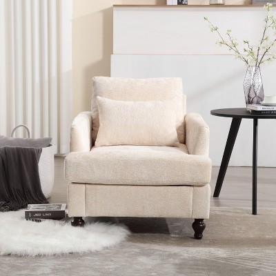 PAGED Modern Convertible Accent Chair with Side Pocket, Foldable Sofa Bed with 3 Pillows, Wood Reading Chair for Living Room, Bedroom