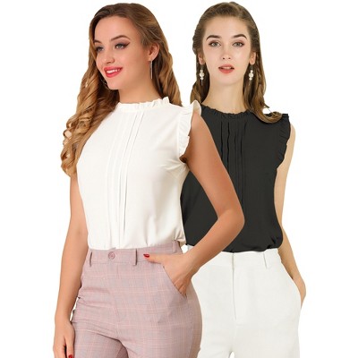 Allegra K Women's Ruffled Crew Neck Office Vintage Sleeveless Blouses 2 Pcs