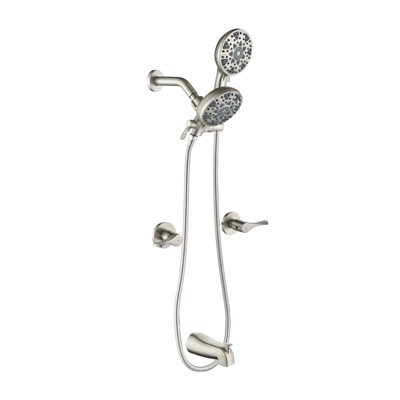 Cobbe Brushed Nickel 2-Handle Wall Mount Complete Bathtub Shower Trim Kit with 6 Settings ABS Dual Shower Head Tub Spout and 59-Inch Hose