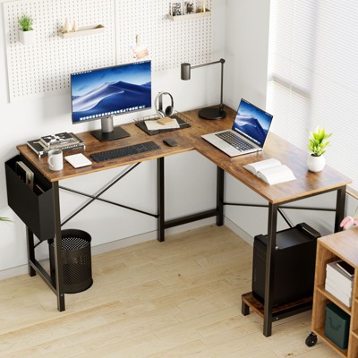 Mr Ironstone L Shaped Computer Desk - Gaming Corner 50 Inch Office Writing PC Wooden Table with CPU Storage Shelf & Side Bag