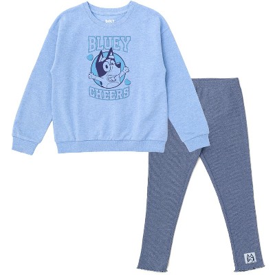 Bluey Fleece Varsity Drop Shoulder Pullover Sweatshirt Ribbed Leggings Outfit Set Toddler