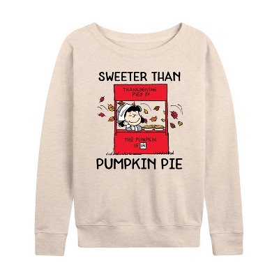 Women's - Peanuts - Lucy Thanksgiving Sweeter Than Pumpkin Pie Lightweight French Terry Wide Neck Long Sleeve Graphic Shirt