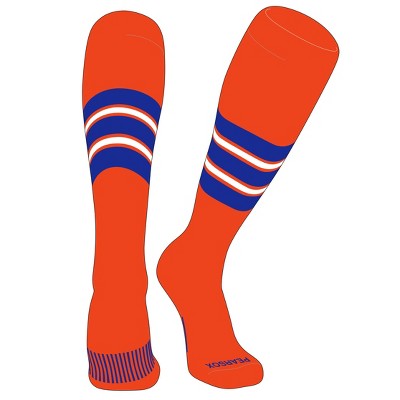 PEAR SOX Striped OTC Baseball, Softball, Football Socks (E) Orange, Royal, White