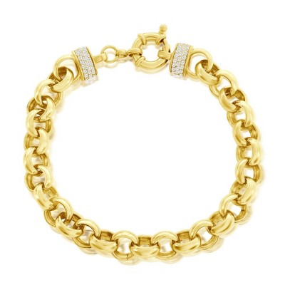 Bella Silver Sterling Silver, Heavy Chain Link CZ Bracelet - Gold Plated - Gold - 7 Inch