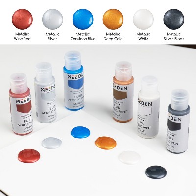 MEEDEN Fluid Metallic Acrylic Paint Set, 6 Vibrant Colors (2 oz, 60 ml), Rich Pigments, Non-Toxic High Flow Art Paints for Artists, Adults, Kids