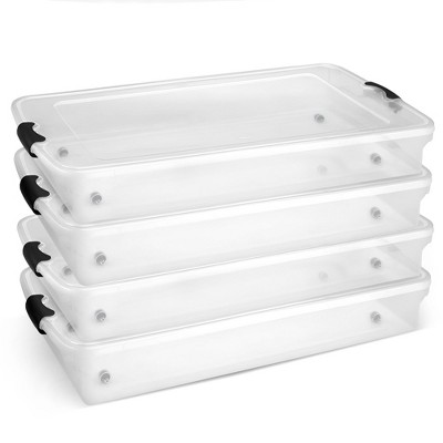 HOMZ 60 Quart Latching Underbed Durable Clear Base Storage Organizer Container Box Tote with Easy Grip Handles and Glide Wheels