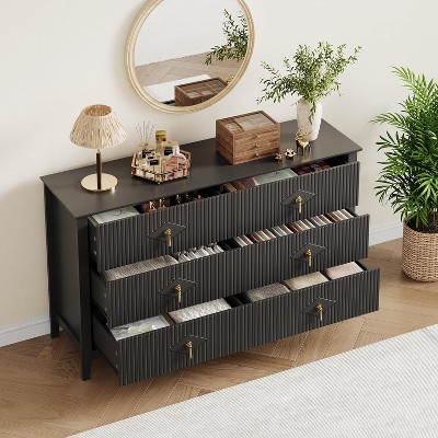 COZONY 54" Extra Wide 6 Drawer Dresser with Fluted Panels Modern Chest of Drawers TV Stand Oak Finish