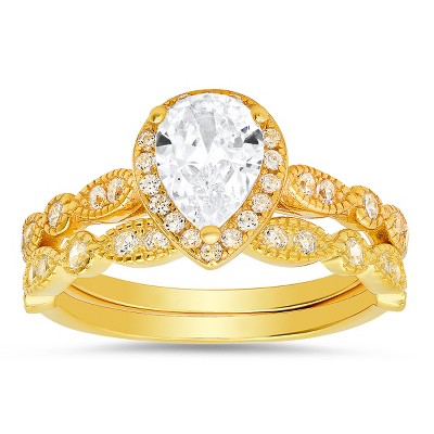 Sterling Silver Pear-cut Halo 2pc CZ Stackable Ring Set