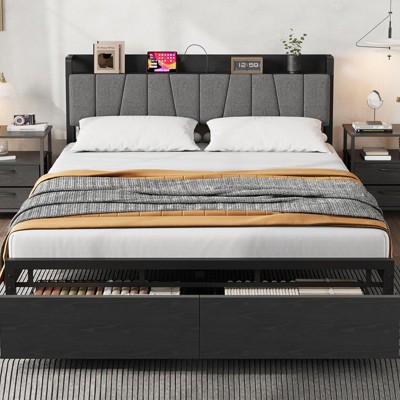 Full Size Bed Frame with Storage Headboard, Upholstered Platform Bed Frame with 2 Drawers, Sturdy Metal Slats, Under-Bed Storage