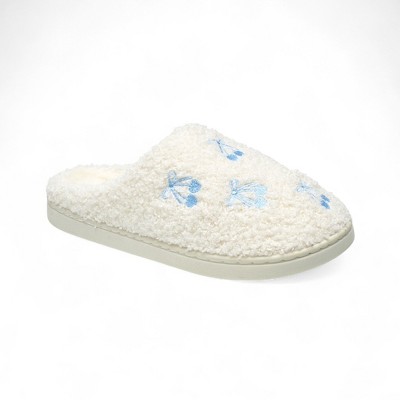 Aéropostale Women’s Fuzzy “Cherry-Bow” Mule Slippers – Ivory Slip-On House Shoes with Sky-Blue Cherry-Tie Embroidery & Non-Slip Outsole