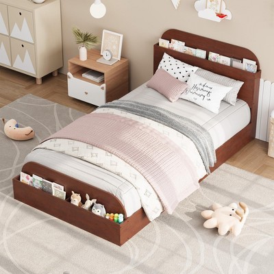 Twin Size Bed Frame, Wooden Beds with Storage Headboard and Raised-Foodboard for Kid, Floor Low Platform Bed, Wooden Slats Support