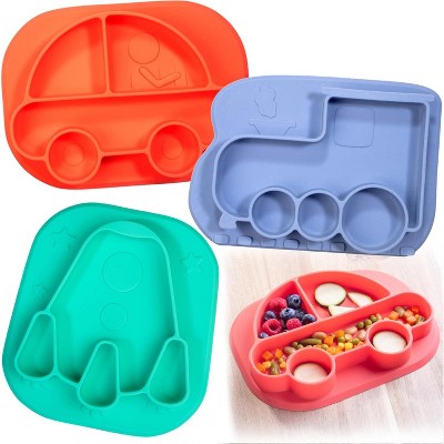 Bentology Silicone Compartment Plates- 3 PK Vehicle Set (Car Train Rocket)- Divided Sections, Non-Slip Unbreakable Material - Christmas Gift for Kids